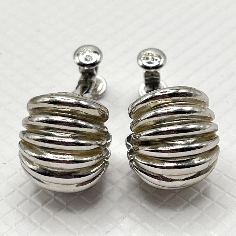 Vintage NAPIER Silver Tone Ribbed Textured Dome Clip-On Screw Back Earrings